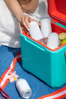 Elinde içecek kutusu olan bir kadın termos kutusunun üzerinde buz küpleriyle birlikte yakın çekim yapıyor. Pikniğe geri dönüşümlü teneke kutuda soğuk içecek alan bir kadın. Boş ambalaj