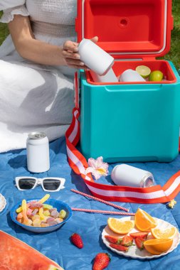 Elinde içecek kutusu olan bir kadın termos kutusunun üzerinde buz küpleriyle birlikte yakın çekim yapıyor. Pikniğe geri dönüşümlü teneke kutuda soğuk içecek alan bir kadın. Boş ambalaj