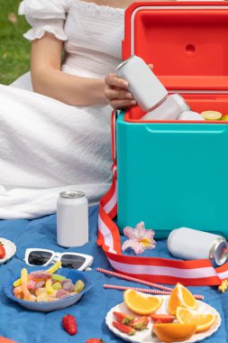 Elinde içecek kutusu olan bir kadın termos kutusunun üzerinde buz küpleriyle birlikte yakın çekim yapıyor. Pikniğe geri dönüşümlü teneke kutuda soğuk içecek alan bir kadın. Boş ambalaj