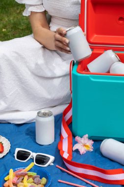 Elinde içecek kutusu olan bir kadın termos kutusunun üzerinde buz küpleriyle birlikte yakın çekim yapıyor. Pikniğe geri dönüşümlü teneke kutuda soğuk içecek alan bir kadın. Boş ambalaj
