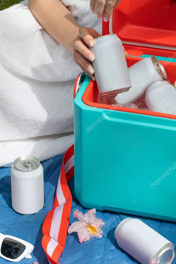 Woman holding beverage can with copy space over thermos box with ice cubes closeup. Lady taking cold drink in mockup recyclable tin on picnic. Blank packaging