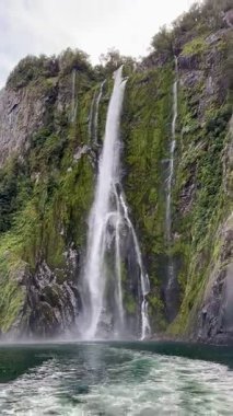 Sudan gelen şelalenin resimli görüntüsü. Milford Sound, Fiordland Ulusal Parkı, Güney Adası, Yeni Zelanda 'da tekne gezisi..