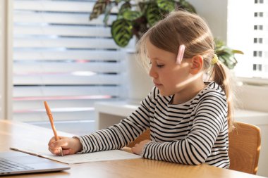 Genç kız parlak odada dizüstü bilgisayar ve defterle öğreniyor. Çevrimiçi okulda okuyan tatlı bir kız. Eğitim kavramı.