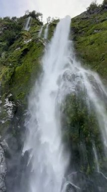 Sudan gelen şelalenin resimli görüntüsü. Milford Sound, Fiordland Ulusal Parkı, Güney Adası, Yeni Zelanda 'da tekne gezisi..