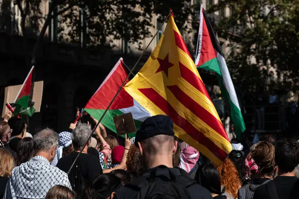 Barselona, İspanya - 4 Ekim 2025: Barselona şehir merkezindeki Filistin 'de barışı protesto eden eylemciler ve göstericiler.