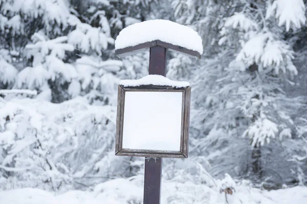 Dřevěný Ukazatel Prázdným Rámem Zimními Stromy Pokryté Sněhem Pozadí — Stock fotografie