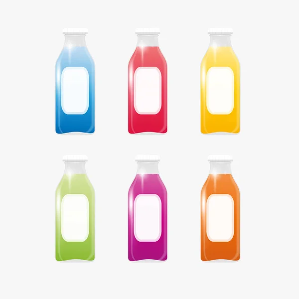 Скляні Або Пластикові Пляшки Різнокольоровими Напоями Ізольовані Вектор — стоковий вектор