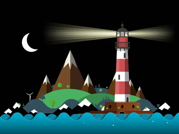 海の波 島の山々と空の月と灯台の夜の風景 ベクトル漫画 — ストックベクタ