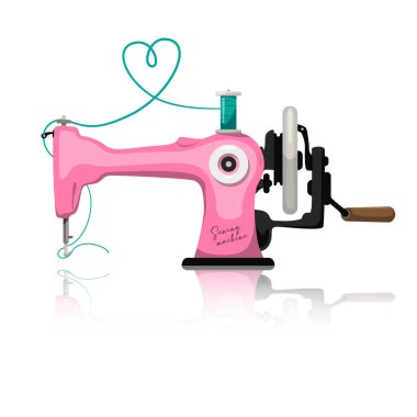 Retro pink sewing machine with heart thread isolated on white background - vector clipart