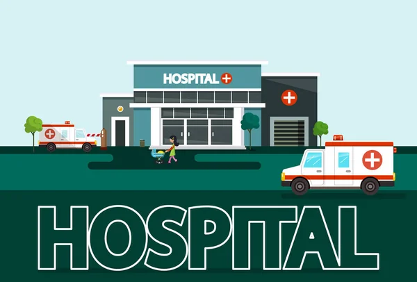 Hospital Exterior Edifício Com Carros Ambulância Mulher Vetor —  Vetores de Stock