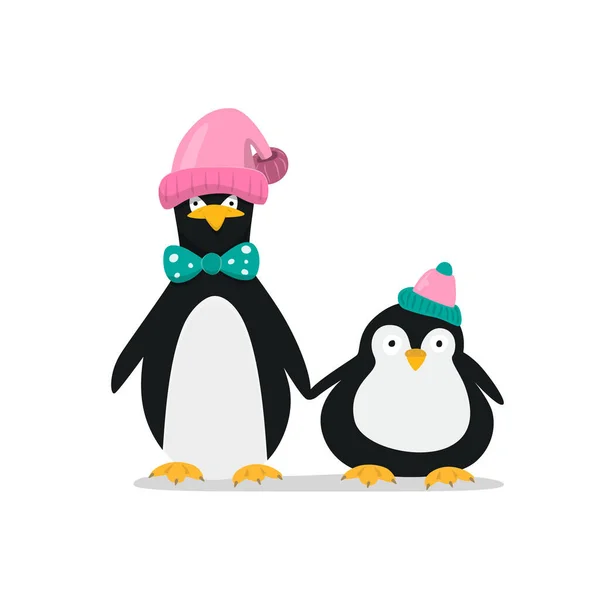 Cute Penguins Holding Hands Isolated White Background — Stock Vector
