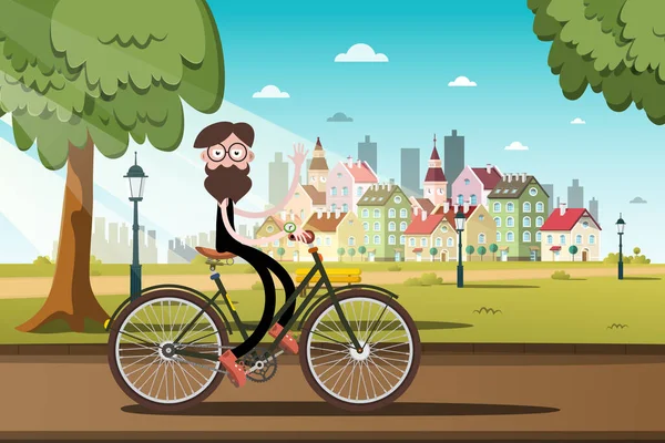 Man Drives Bike Morning City Park Background Vector Cartoon — Stock Vector