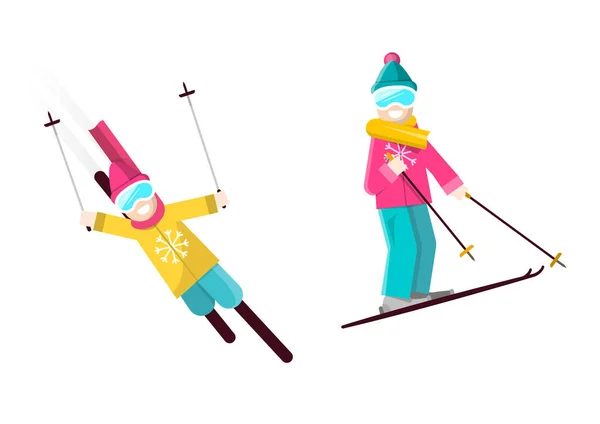 Leende Skidåkare Med Snöflingor Kläder Vektor Illustration Isolerad Vit Bakgrund — Stock vektor