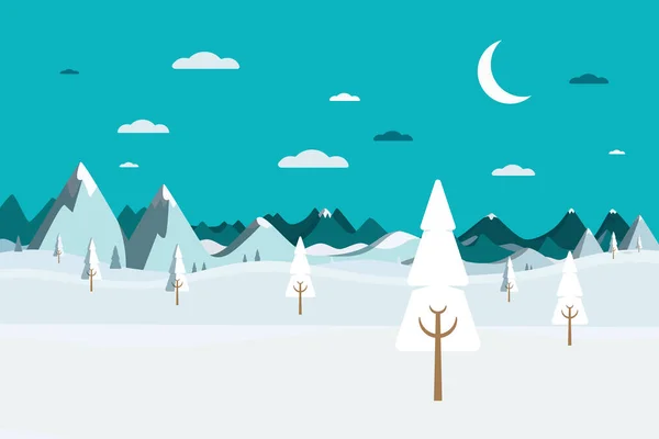 Noční Zimní Krajina Stromy Poli Horami Pokrytými Sněhem Vektor — Stockový vektor