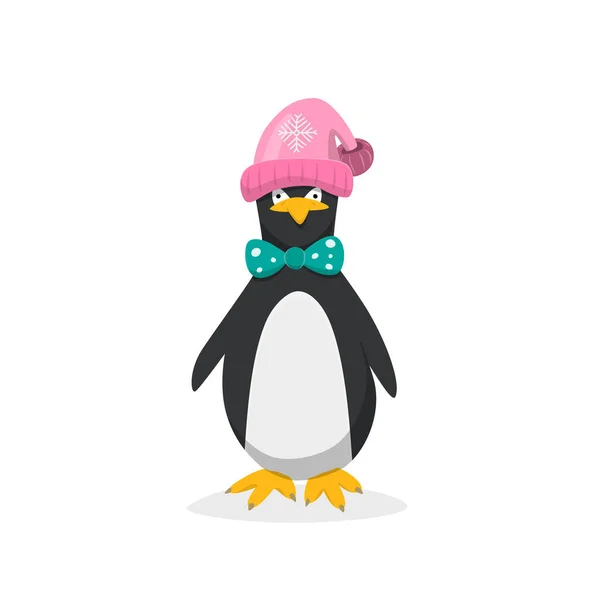 Pingüino Con Pajarita Sombrero Invierno Aislado Sobre Fondo Blanco Vector — Archivo Imágenes Vectoriales