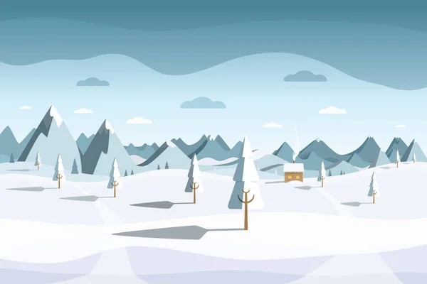 Зимний Пейзаж Вектор Поле Деревья Покрытые Снегом Замерзшей Каютой Горами — стоковый вектор
