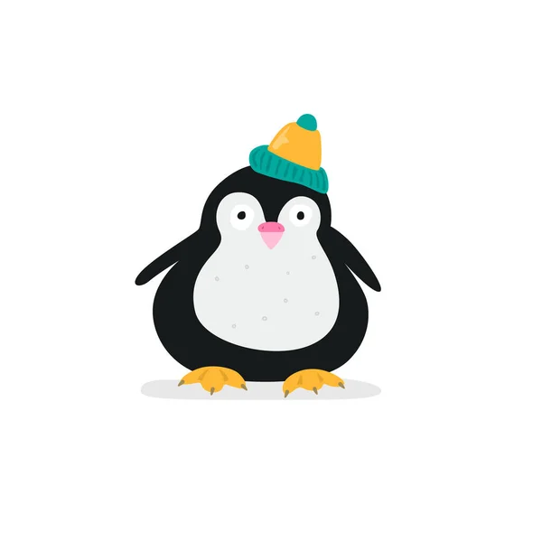 Bonito Pinguim Bebê Com Chapéu Inverno Isolado Fundo Branco — Vetor de Stock