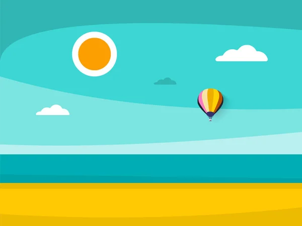 空の砂のビーチと熱気球と海 ベクトル — ストックベクタ