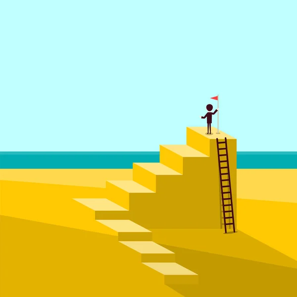 Человек Держащий Флаг Лестнице Морем Заднем Плане Деловой Успех Спасательный — стоковый вектор