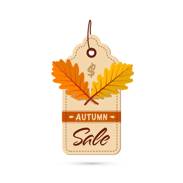 Autumn Sale Paper Tag Oak Leaves Isolated White Background — Stock Vector