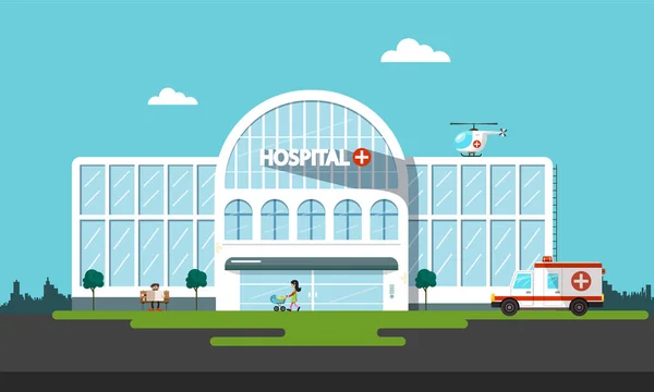 Vitt Sjukhus Byggnad Med Ambulans Bil Helikopter Och Människor Vektor — Stock vektor