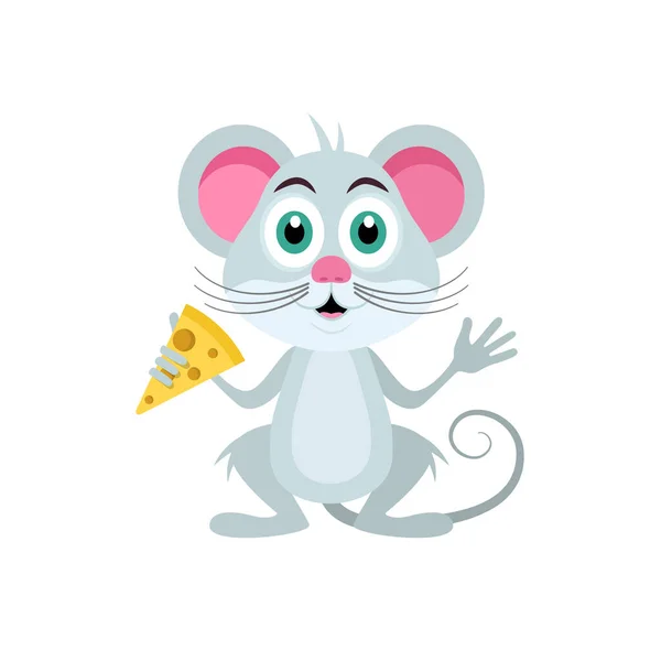 用白色底物分离的可爱老鼠拿着奶酪 — 图库矢量图片