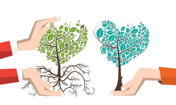 Kalp Şeklindeki Ağaçları Tutan Eller Vektör — Stok Vektör