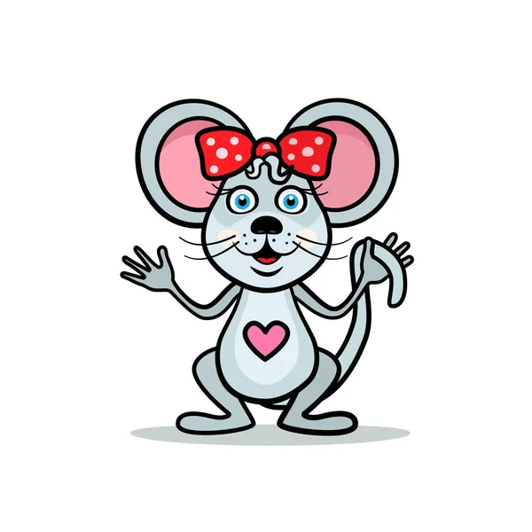 在白色背景下分离的具有心脏和头发弓形的小鼠雌性 — 图库矢量图片