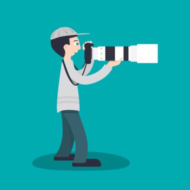 Kameralı ve uzun beyaz telefoto lensli fotoğrafçı - vektör