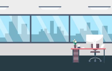 Boş ofis odası - büyük pencereli ve arka planda şehir silikonlu işyeri