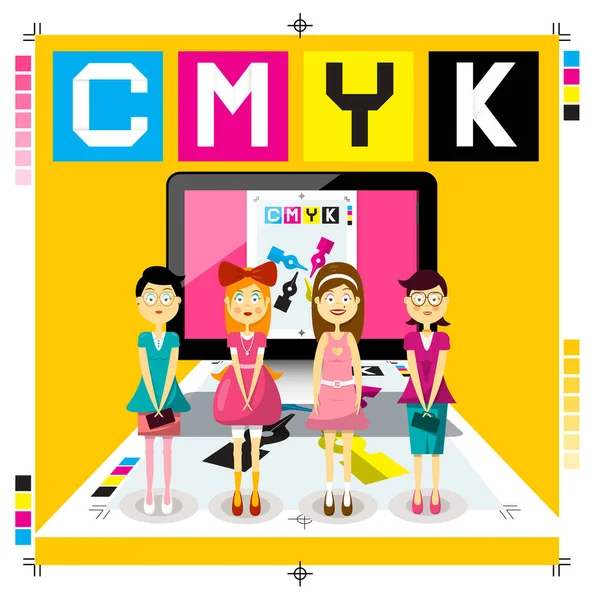 Cmyk Dtp デスクトップ出版の概念 印刷された紙 コンピュータと女性とのデザイン ベクトル — ストックベクタ