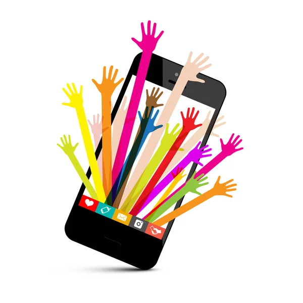 Mani Colorate Nel Telefono Cellulare Simbolo Dei Social Media Vettore — Vettoriale Stock