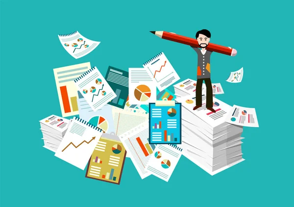 Stack Papers Man Holding Pencil Top Taxes Paperwork Concept — Stock Vector