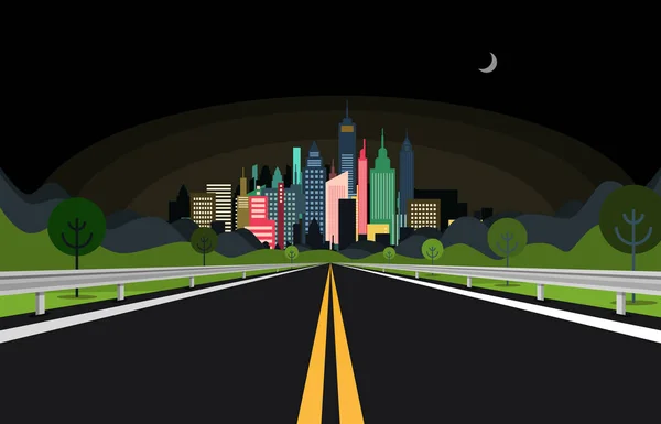 Nuit Route Asphaltée Vide Avec Ville Arrière Plan Vecteur — Image vectorielle