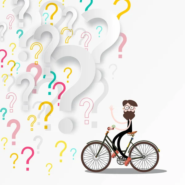 Homem Bicicleta Com Pontos Interrogação Fundo Vetor —  Vetores de Stock