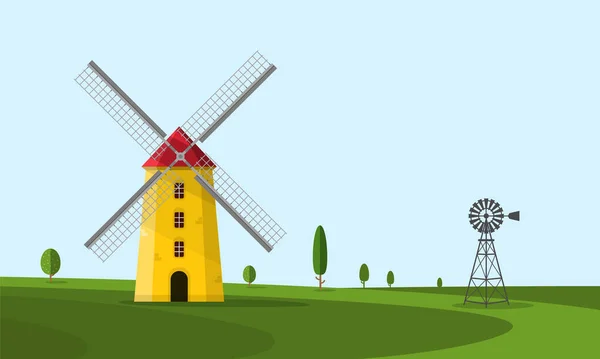 Windmühle Auf Feld Mit Bäumen Vektor Windmühlen — Stockvektor