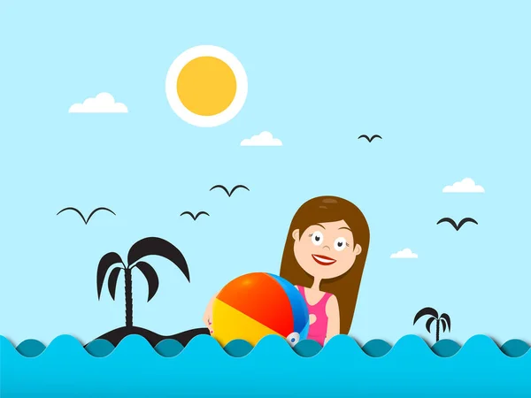 ビーチボールと海の中の女性 晴れた日の海の漫画 — ストックベクタ