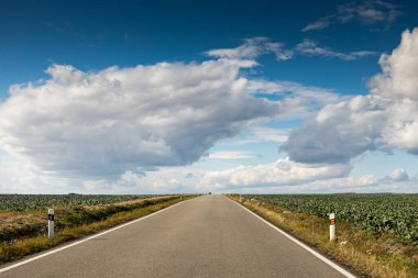 Tarlaları boş asfalt yol ve arkaplanda bulutlarla mavi gökyüzü