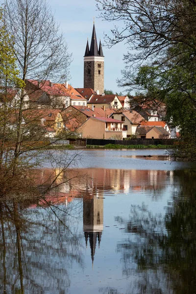 Telc Stadt Turm Mit Teich Vordergrund Tschechien — Stockfoto