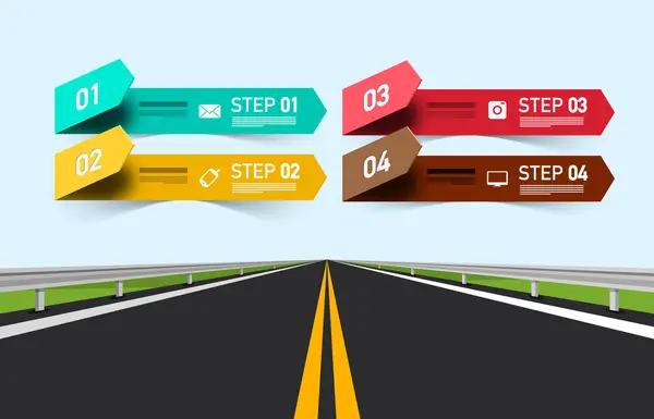 Κενός Ασφαλτοστρωμένος Δρόμος Τέσσερα Βήματα Infographic Design Διάνυσμα — Διανυσματικό Αρχείο