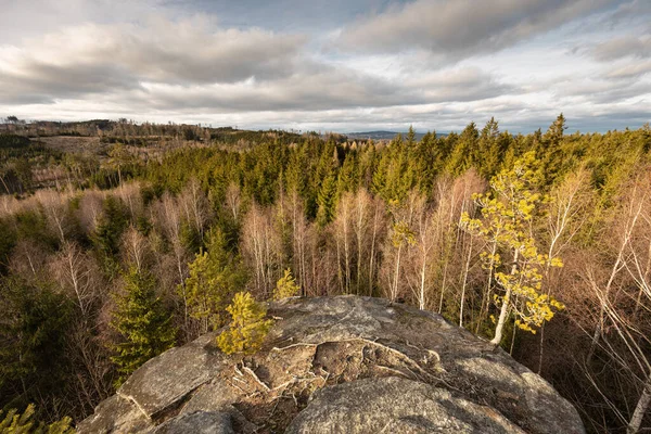 Széles Látószögű Kilátás Tetején Sziklás Hegy Erdő Völgyben Felhők Égen — Stock Fotó