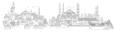 Eski İstanbul kentindeki Ayasofya ve Mavi Cami kubbeleri ve minareleri. Türkiye 'nin dönüm noktası. vektör illüstrasyonu