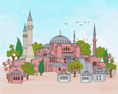 Ayasofya Kubbe ve minareler eski İstanbul şehrinde. Türkiye 'nin simgesi. Vektör illüstrasyonu