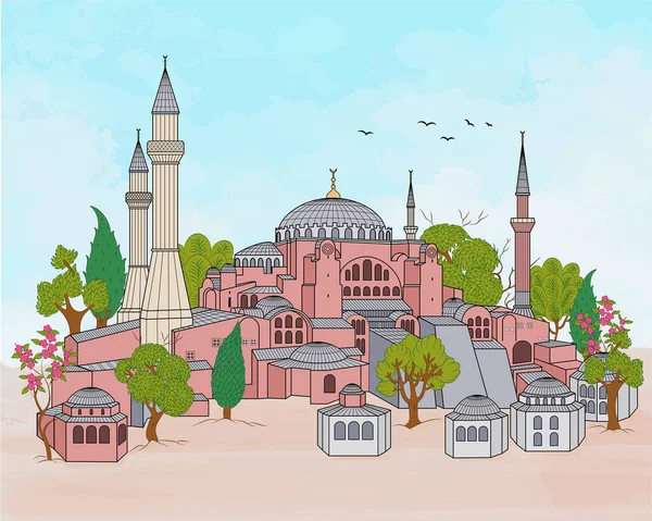 位于伊斯坦布尔老城的Hagia Sophia穹顶和尖塔 土耳其的地标 矢量说明 — 图库矢量图片