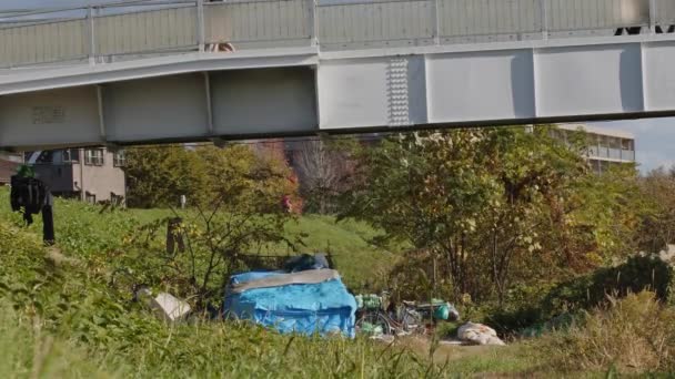 Obdachloser Schutz Unter Einer Fußgängerbrücke Ufer Des Flusses Der Nähe — Stockvideo