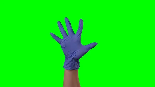 Mão Mulher Uma Luva Azul Médica Mostrando Gesto Palma Aberta — Fotografia de Stock
