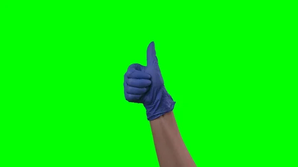 Frau Medizinisch Blauem Handschuh Mit Erhobenem Daumen Arzt Arm Schutzhandschuh — Stockfoto