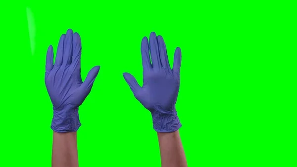 Kvinde Hænder Medicinsk Blå Handsker Viser Gestus Indbydende Lægearme Beskyttelseshandsker - Stock-foto