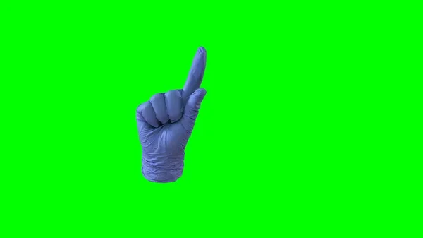 Handen Medicinsk Blå Handske Som Pekar Uppåt Med Pekfingret Något — Stockfoto