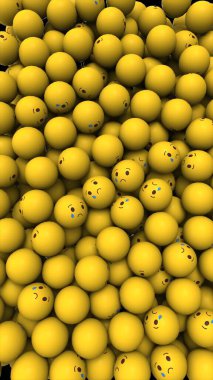 Yazı çekimi: Ağlayan yüzlü sarı emoji toplarının 3D görüntüsü. Popüler sosyal ağın simgesi Facebook ağlamak, ağlamak, üzülmek anlamına gelir. Web içeriği popülerlik simgesi. Dikey arkaplan